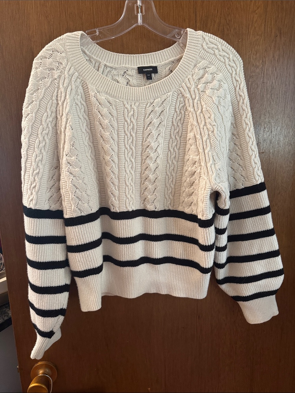 Express Cream Cable Knit Crewneck Sweater with Black Stripes